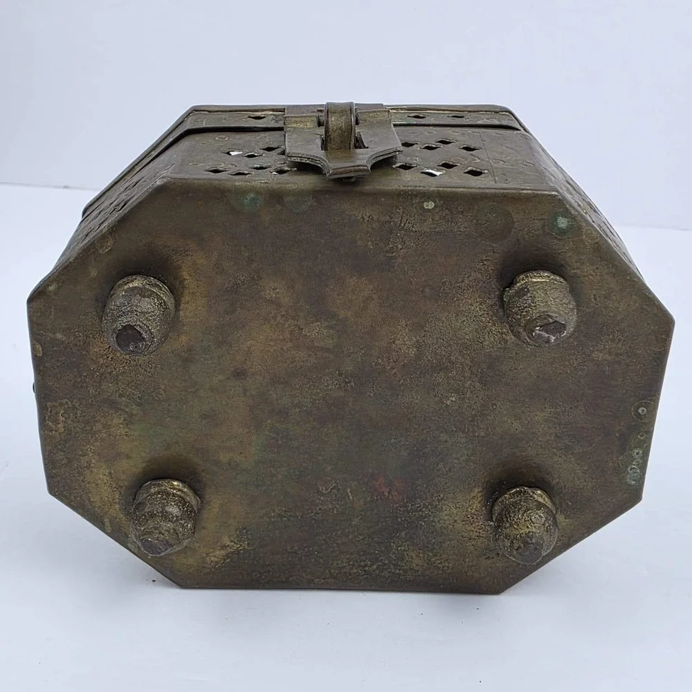 Antique Brass Cricket Box Octagon Ornate Pierced Metal Trinket Case
